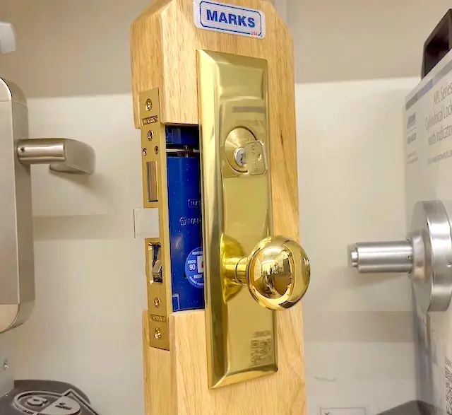 Marks USA mortise lock with brass trim displayed in-store at Aura Locksmith, Brooklyn