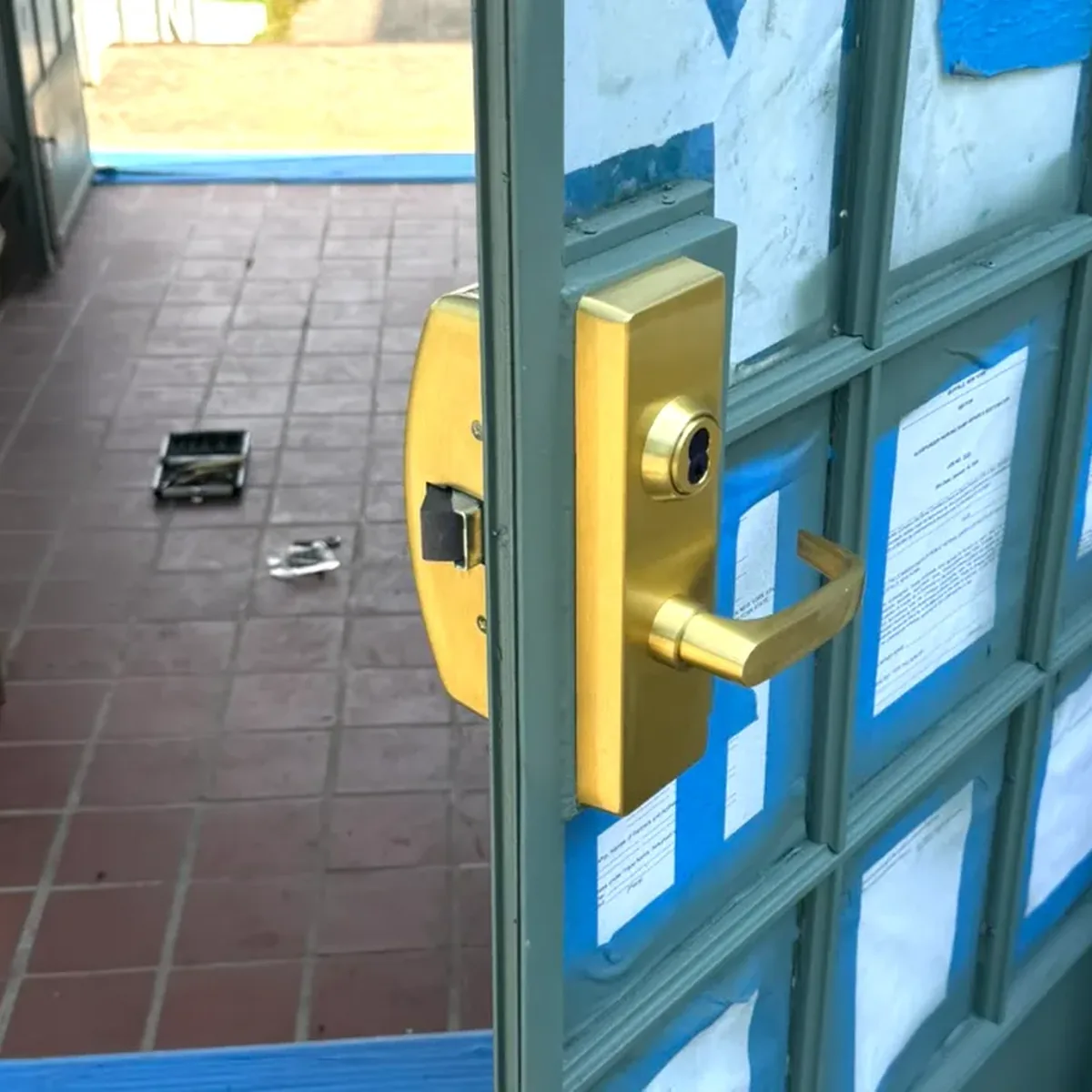 Complete lock system upgrade on a NY State building entry door by Aura Locksmith